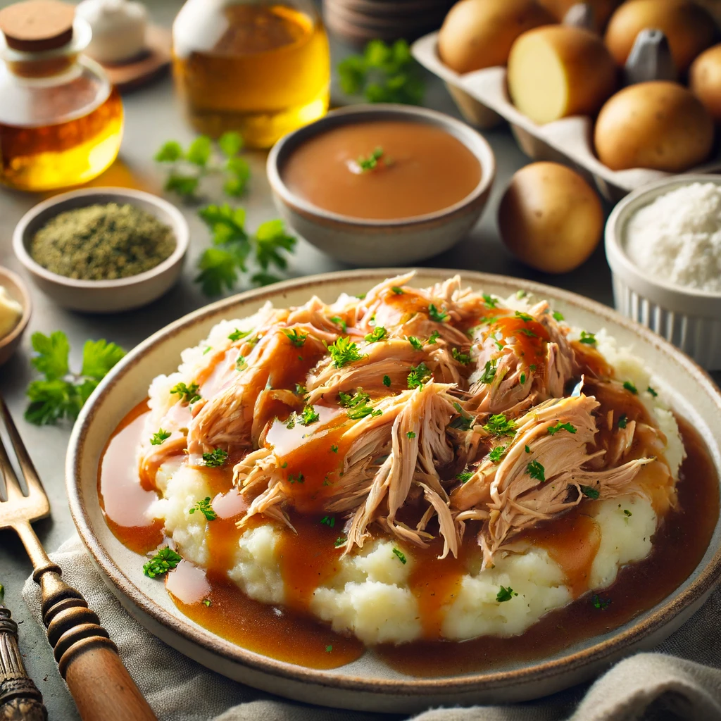 Comforting Shredded Chicken and Gravy Over Mashed Potatoes - Gimme Recipe