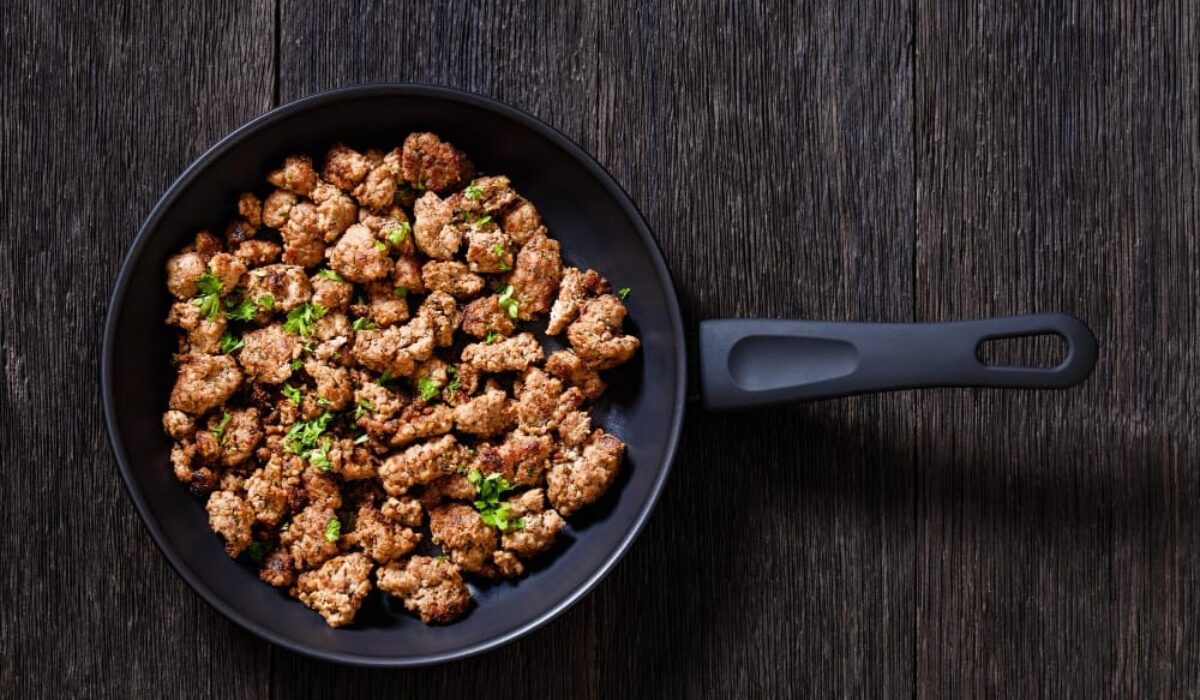 Ground chicken in a pan