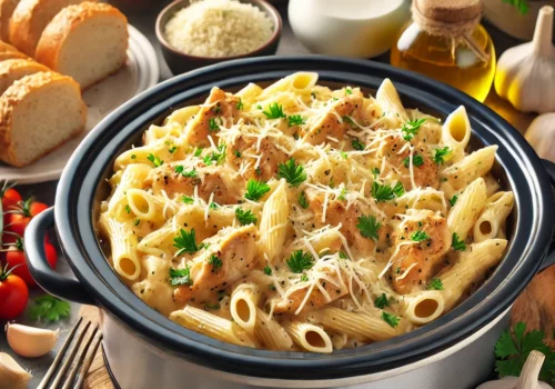 Irresistible Crockpot Garlic Parmesan Chicken Pasta