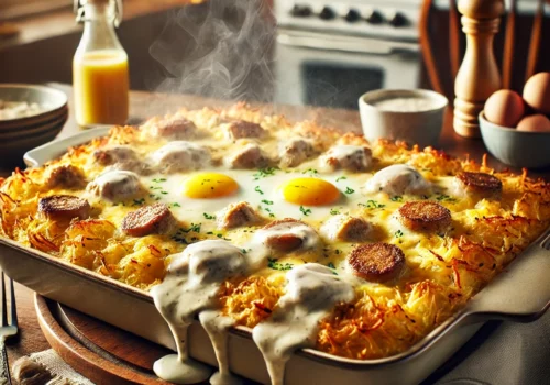 breakfast casserole with gravy and hash browns