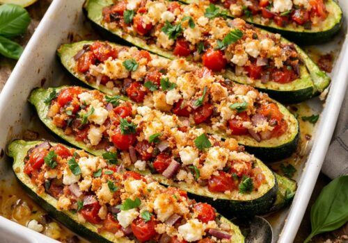 Irresistibly Juicy Stuffed Zucchini Boats with Tomato and Feta