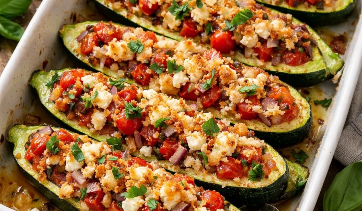 Irresistibly Juicy Stuffed Zucchini Boats with Tomato and Feta