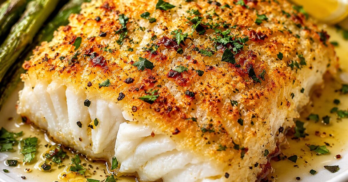 Parmesan Garlic Butter Crusted Halibut
