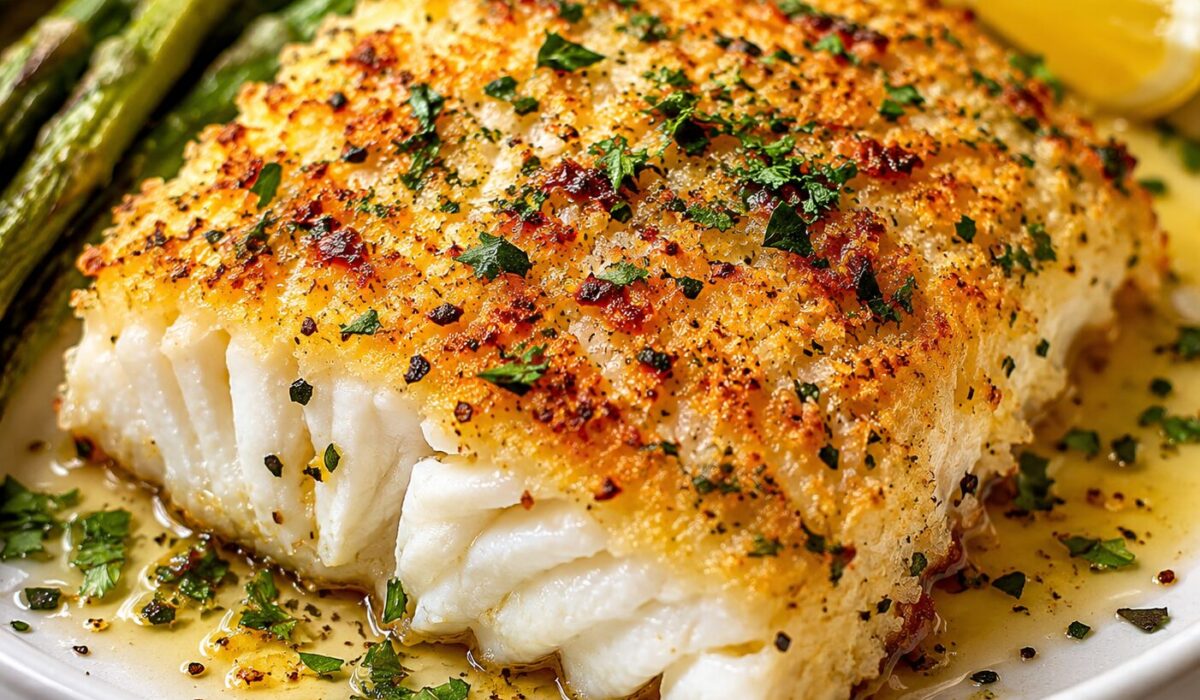 Parmesan Garlic Butter Crusted Halibut